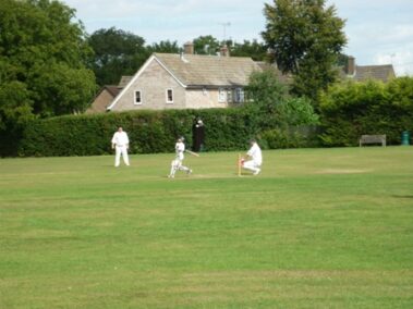 A cricket batsman swings at a ball on a grass pitch with a wicket-keeper and umpire nearby.