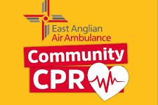 East Anglian Air Ambulance Community CPR logo with a heart and heartbeat graphic.