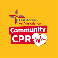 East Anglian Air Ambulance Community CPR logo with a heart and heartbeat graphic.